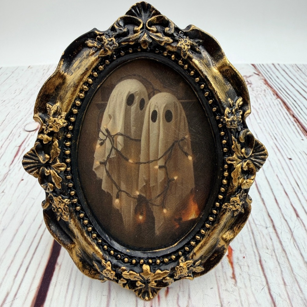Handmade Ghost Art Print Decoupaged Resin Frame Spooky Gothic Decor Black Gold